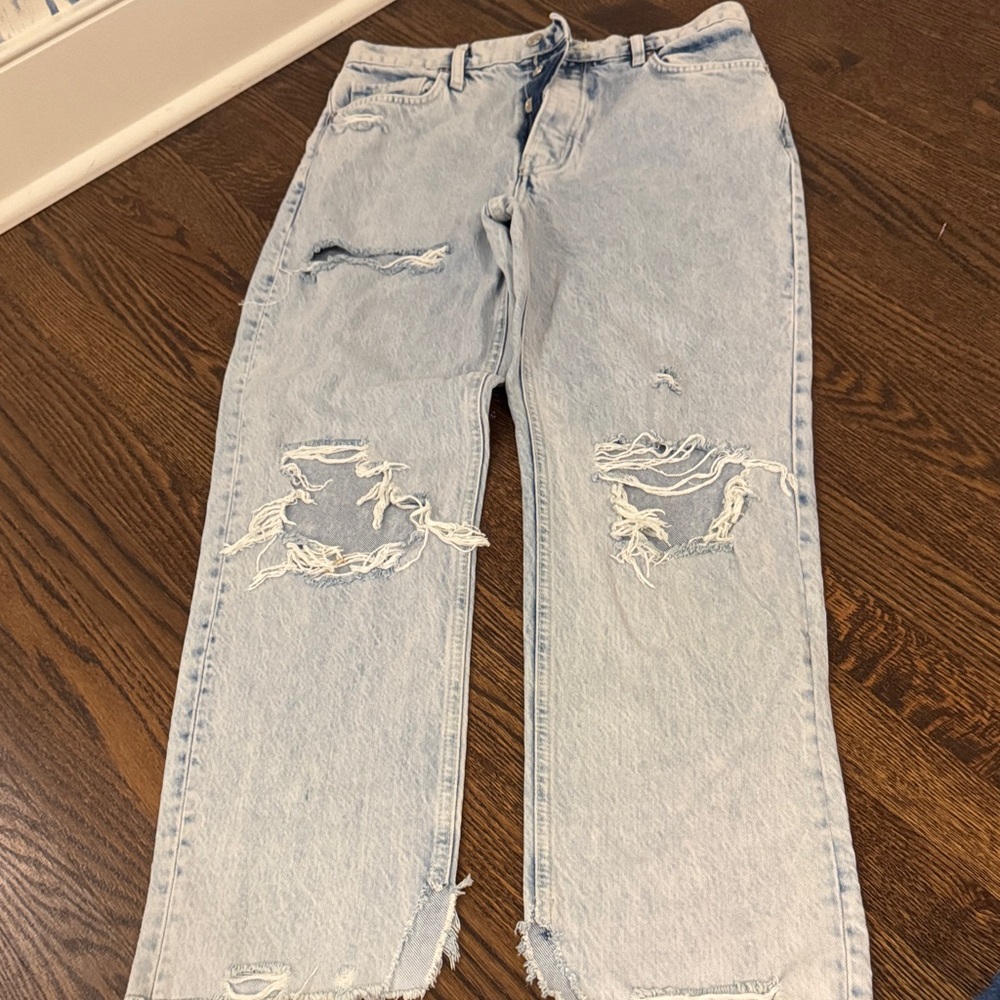Free People Light Blue Distressed Straight Leg Jeans